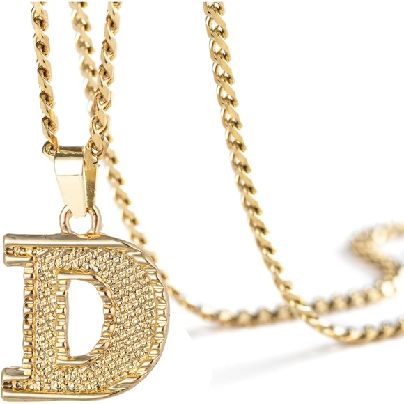 Jewelry - Initial Necklaces Unisex Gold  Tone Pendant Stainless Steel Cuban Chain